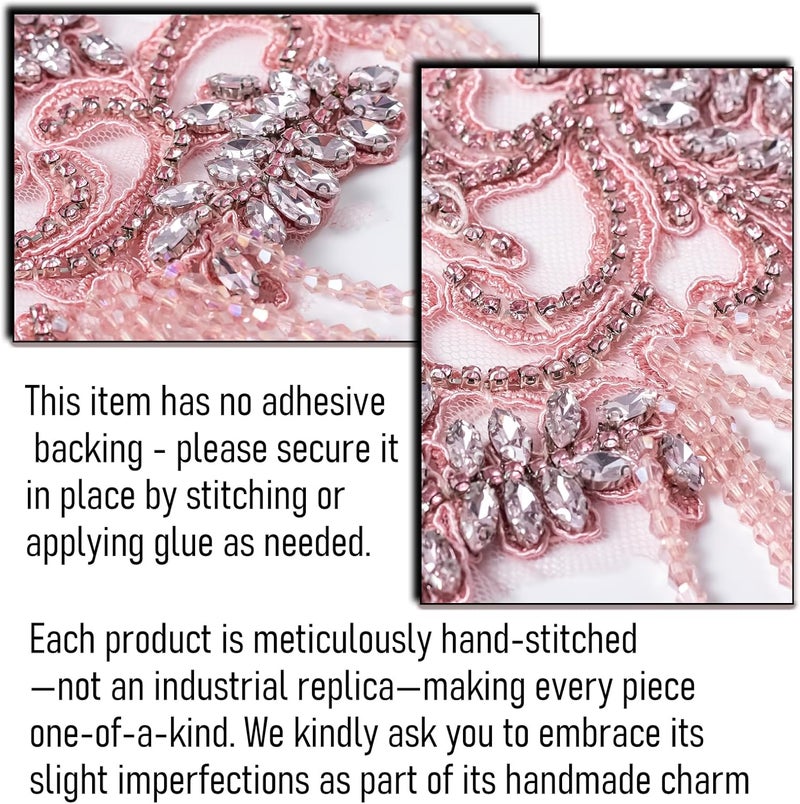 amusediy Pink Beaded Rhinestones Applique Embellishment for Clothes,Epaulettes Shoulder Patches Sew-on Diamond Sequin Applique for Wedding Dress DIY Accessories Belt Waist Decoration - Image 5